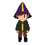 character wears deep purple conical hat with vertical yellow stripe on the front. his skin is light peach tone. the eye is single large white pixel block with a small black pupil, positioned near the front of the face. his outfit is dark green, long-sleev