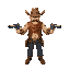 top view(isometric): a cowboy with two revolvers, arms with revolvers pointing forward.