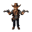 top view(isometric): a cowboy with two revolvers, arms with revolvers pointing forward.