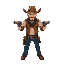 top view(isometric): a cowboy with two revolvers, arms with revolvers pointing forward.