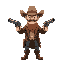 a cowboy with two revolvers, arms with revolvers pointing forward.