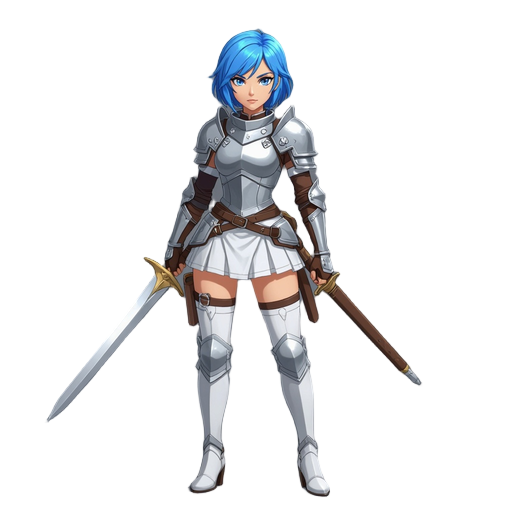 female warrior, lightweight armor, blue short hair, white mini skirt, rapier, white heeled boots