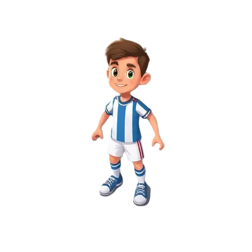create a 2d cartoon-style soccer player character for a top-down football game. the character should be simple and colorful, with clear details on the uniform (jersey, shorts, shoes). the player shoul
