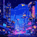 megaman-like futuristic city, with tall buildings, neon lights, in a night setting