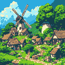 zelda-like village with houses and a windmill