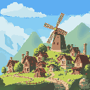 zelda-like village with houses and a windmill