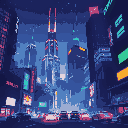 megaman-like futuristic city, with tall buildings, neon lights, in a night setting