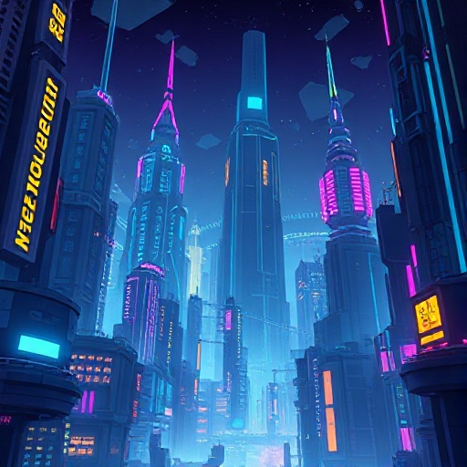 megaman-like futuristic city, with tall buildings, neon lights, in a night setting