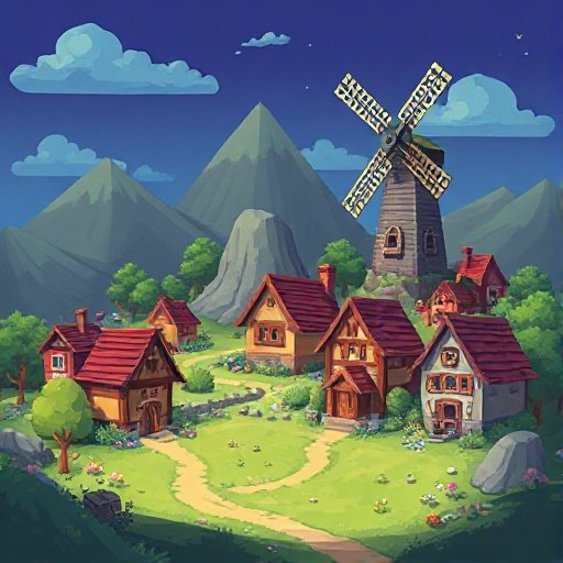 zelda-like village with houses and a windmill
