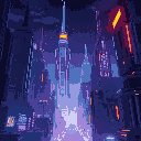 megaman-like futuristic city, with tall buildings, neon lights, in a night setting
