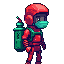 create a game ready pixel character holding a vaccum gun with vaccum chamber bag pack. character should be game ready capturing the full body. character should be wearing mask, sci-fi concept art.