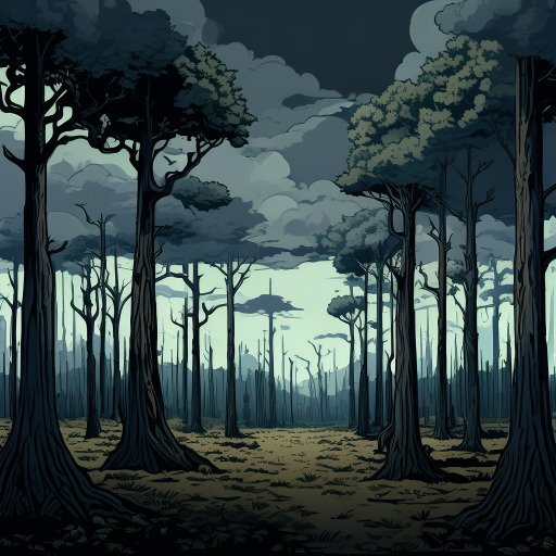 field of trees looked at from profile, horizontally. it's a forest with dark vibe. the trees are long and scary and the sky is cloudy