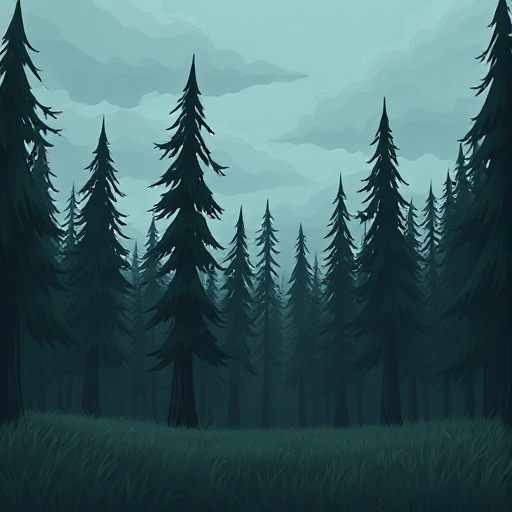 field of trees looked at from profile, horizontally. it's a forest with dark vibe. the trees are long and scary and the sky is cloudy