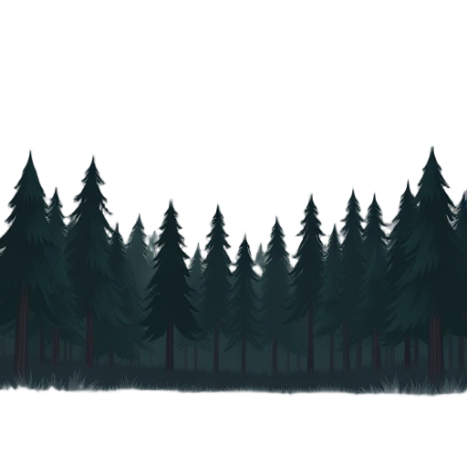 field of trees looked at from profile, horizontally. it's a forest with dark vibe. the trees are long and scary and the backround is cloudy