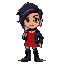 "reality star, black hair purple streaks, green eyes, red dress, leather jacket, combat boots. microphone, diamond earrings. confident smirk. palette: #8a2be2, #ff3030. 32x32px retro pixel.