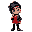 "reality star, black hair purple streaks, green eyes, red dress, leather jacket, combat boots. microphone, diamond earrings. confident smirk. palette: #8a2be2, #ff3030. 32x32px retro pixel.