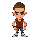 ex-athlete reinventing self. buzz cut, intense brown eyes. torn jersey/jeans, tense stance. neck 'never quit' tattoo, wristband, untied shoe. palette: #228b22 green, #daa520 gold. retro pixel