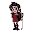 "reality star, black hair purple streaks, green eyes, red dress, leather jacket, combat boots. microphone, diamond earrings. confident smirk. palette: #8a2be2, #ff3030. 32x32px retro pixel.