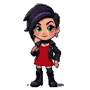 "reality star, black hair purple streaks, green eyes, red dress, leather jacket, combat boots. microphone, diamond earrings. confident smirk. palette: #8a2be2, #ff3030. 32x32px retro pixel.