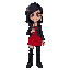 "reality star, black hair purple streaks, green eyes, red dress, leather jacket, combat boots. microphone, diamond earrings. confident smirk. palette: #8a2be2, #ff3030. 32x32px retro pixel.