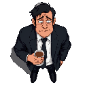 a tired businessman in a dark wrinkled suit (black/navy), white shirt, loosened tie. dark circles under eyes, sunken cheeks, exhausted expression. slouched posture, messy hair. holding a steaming coff