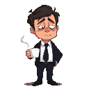 a tired businessman in a dark wrinkled suit (black/navy), white shirt, loosened tie. dark circles under eyes, sunken cheeks, exhausted expression. slouched posture, messy hair. holding a steaming coff