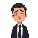 a tired-looking businessman in a dark suit (black or navy), wearing a slightly wrinkled white shirt and a loosened tie. he has dark circles under his eyes, slightly sunken cheeks, and an exhausted fac