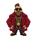 crypto boss,  short beard, slickback hair, chunky pimp style, fat crypto wealthy man, golden necklace, rings, reddish fur coat, sunglasses,