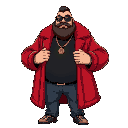 crypto mogul, fat man wearing red fur coat, black shirt, gold necklace, sunglasses, beard, jeans, rings