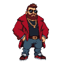 crypto boss, $ chain, chunky body, red fur coat, black shirt, gold rings, watch, jeans, black square sunglasses, brown slickback hair, short beard, idle sprite stance, pixel grid