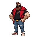 crypto boss, $ chain, chunky body, red fur coat, black shirt, gold rings, watch, jeans, black square sunglasses, brown slickback hair, short beard, idle sprite stance, pixel grid