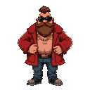 richard heart, chunky cartoon style, very fat, wearing reddish fur winner coat, pimp style, gold necklace, sunglasses, beard, jeans, rings, big head, small legs, confident idle pose, retro game vibe