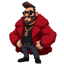 richard heart wearing red loose fur coat, slickback haircut, short beard, black shirt, gold dollar necklace, sunglasses, beard, jeans, rings, big head, small legs, confident idle pose
