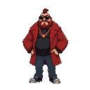 richard heart, chunky cartoon pimp style, very fat, heavy, wearing reddish fur coat, black shirt, gold necklace, sunglasses, short beard, jeans, big head, confident idle pose, retro game vibe