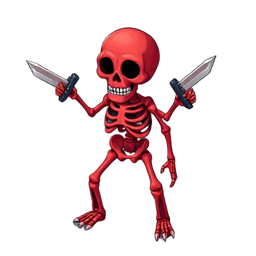red skeleton with a blade attached to each of its arms, empty eyes, wolfenstein3d style