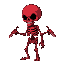 red skeleton with a blade attached to each of its arms, empty eyes, wolfenstein3d style