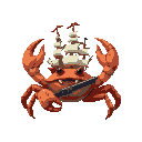 a giant crab with a pirates ship as a shell and with a shotgun on the claw