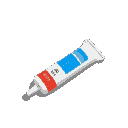 super glue tube, lying on the ground, front-top view, side view