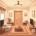 modern chinese living room, door in the back, modest living room, well lit, cosy,