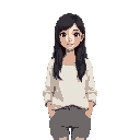 asian woman with long black hair, wearing casual home clothes, casual relaxed pose