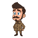 a man with a neatly groomed mustache and beard, gazing thoughtfully to the side. he wears a khaki military uniform with a high collar and buttons visible. his blue eyes stand o