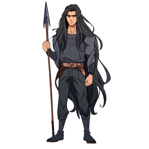 long hair male with a spear on hand