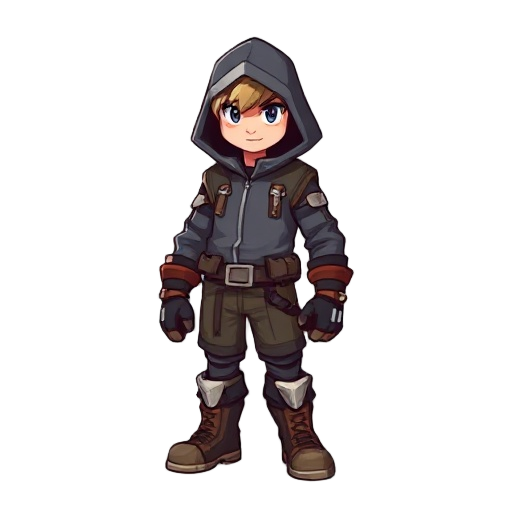 create a 2d side-scroller hero character in a cartoon or pixel art style, designed for a platformer game. the character should wear a modern fantasy outfit (e.g., a hooded jacket, gloves, boots, and u