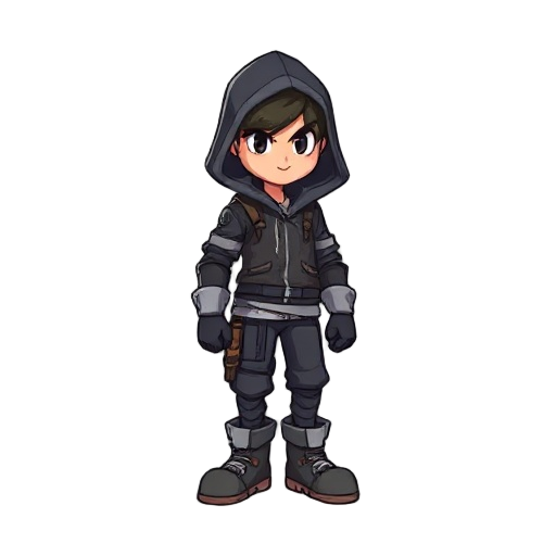 create a 2d side-scroller hero character in a cartoon or pixel art style, designed for a platformer game. the character should wear a modern fantasy outfit (e.g., a hooded jacket, gloves, boots, and u
