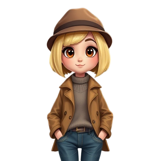 beautiful young woman with a short blonde bob hair. big brown eyes, a caramel raincoat, a oversized jeans and a sweater. she is using a bowler hat