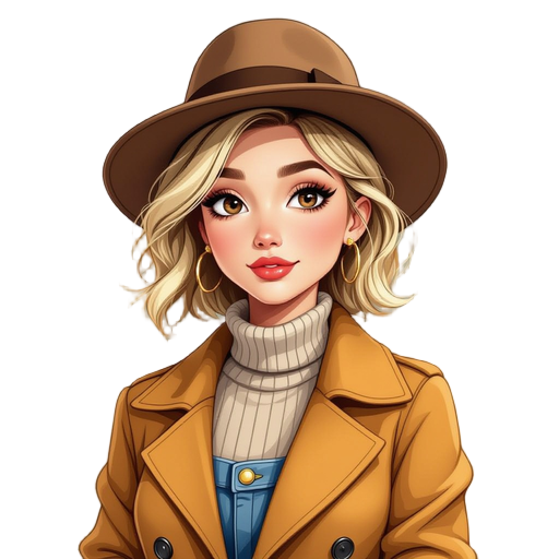 beautiful young woman with a short blonde bob hair. big brown eyes, a caramel raincoat, a oversized jeans and a sweater. she is using a bowler hat. expression: thinking, try to figure out something 