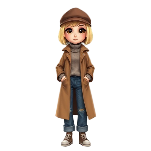 beautiful young woman with a short blonde bob hair. big brown eyes, a caramel raincoat, a oversized jeans and a sweater. she is using a bowler hat