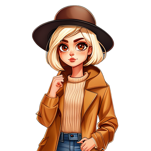 beautiful young woman with a short blonde bob hair. big brown eyes, a caramel raincoat, a oversized jeans and a sweater. she is using a bowler hat. expression: thinking, try to figure out something 