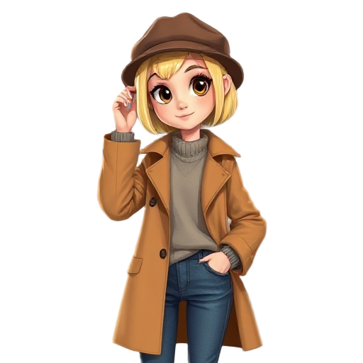 beautiful young woman with a short blonde bob hair. big brown eyes, a caramel raincoat, a oversized jeans and a sweater. she is using a bowler hat