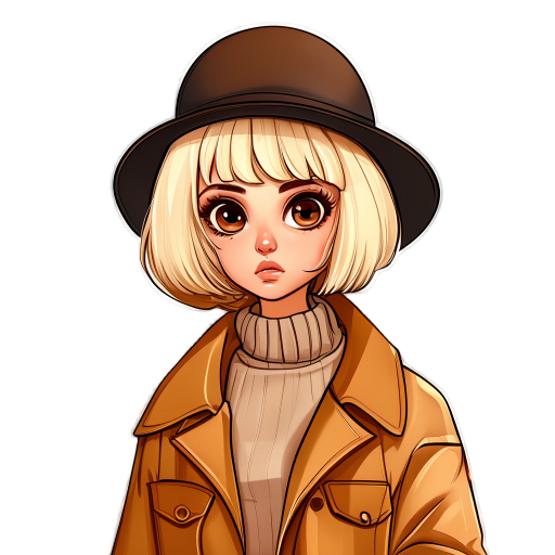 beautiful young woman with a short blonde bob hair. big brown eyes, a caramel raincoat, a oversized jeans and a sweater. she is using a bowler hat. she is thinking like the emoticon 🤔